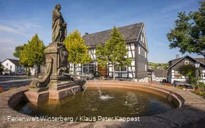 Brunnen umgeben von Fachwerkhäusern.